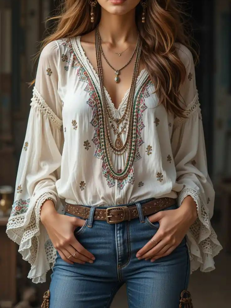 Ethnic Fashion Clothing - Women V-neck Ethnic Style Long-Sleeved Top