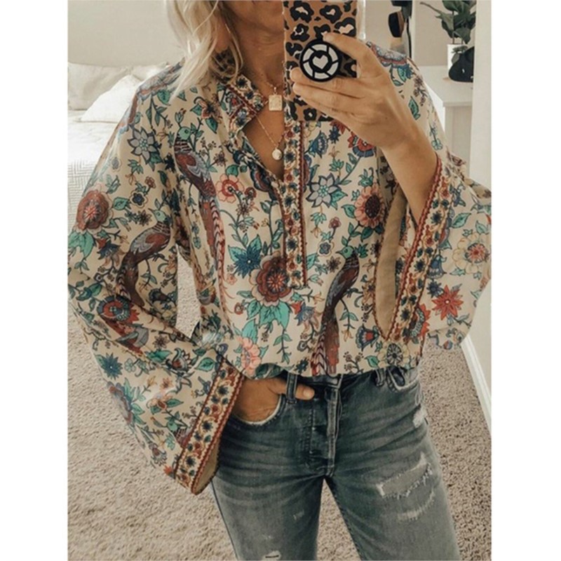 Ethnic Fashion For Ladies - Bohemia Flower Printed Women's Blouse Flare