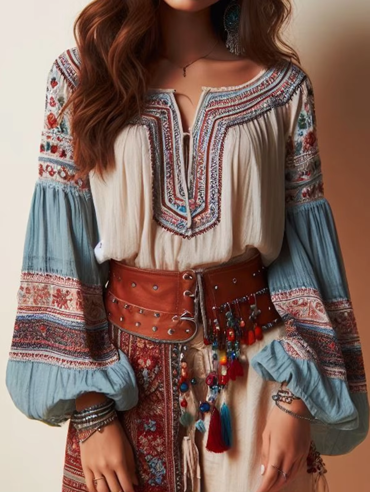 Ethnic Fashion Clothing - Lantern Sleeves Boho Blouse Floral Pattern